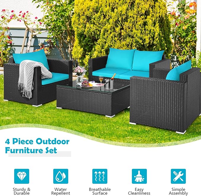 COSTWAY 4-Piece Patio Rattan Furniture Set, Cushioned Sofa Chair, Loveseat and Coffee Table with Tempered Glass Top, Outdoor Conversation Sets for Garden Poolside Balcony Porch (Turquoise)