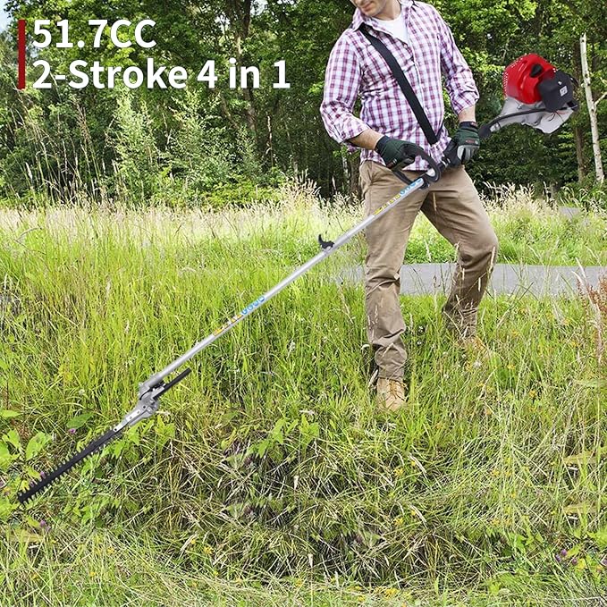 4-in-1 Multi-Functional Trimming Tool 51.7cc 2-Stroke Gas Powred Weed Wacker Hedge Trimmer Brush Cutter Blade Pole Saw for Gardens, Parks, Yards, 6500RPM