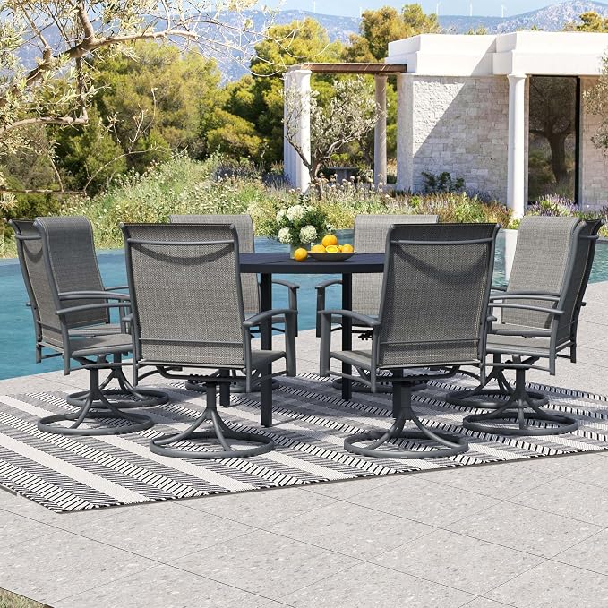 9-Piece Outdoor Dining Set for 8 – 60" Black Round Outdoor Table with Umbrella Hole & 8 Grey Patio Swivel Chairs, All-Weather Patio Furniture