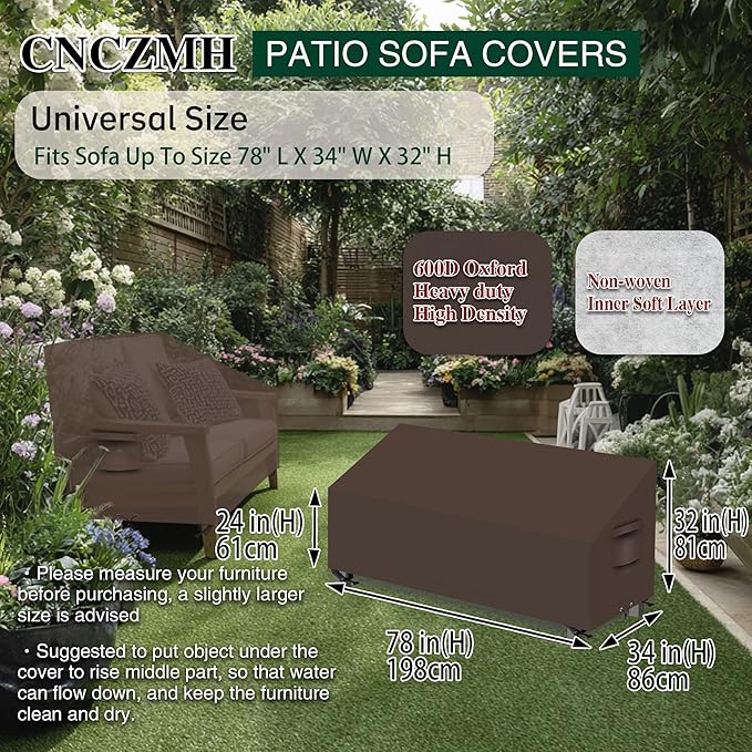 Heavy Duty Patio Sofa Covers Waterproof, Outdoor 3-Seater Couch Cover Waterproof, 600D Outdoor 2-Seater Loveseat Furniture Covers with Air Vent Handle 78''W x 34''D x 24''H/ 32''H Brown