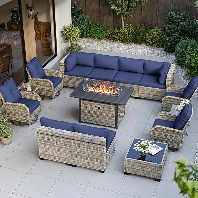 14-Piece Outdoor Patio Furniture Set with Rocking Swivel Chair, Wicker Rattan Sectional Sofa Conversation Set with 55,000 BTU Fire Pit Table, Backyard Furniture, Navy Blue