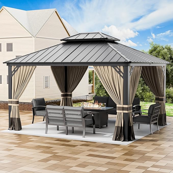 12' x 14' Hardtop Gazebo,Outdoor Permanent Pavilion Double Galvanized Steel Roof Pergola with Nettings and Curtains,Patio Sunshade Gazebos for Patio Lawns Backyard Deck,Brown