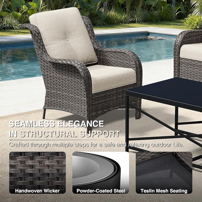 Joyside 6 Piece Wicker Patio Furniture Set, Rattan Patio Chairs with High Back, Deep Seating, Wide Armrest, Thickened Cushions, Outdoor Furniture for Deck, Porch Use