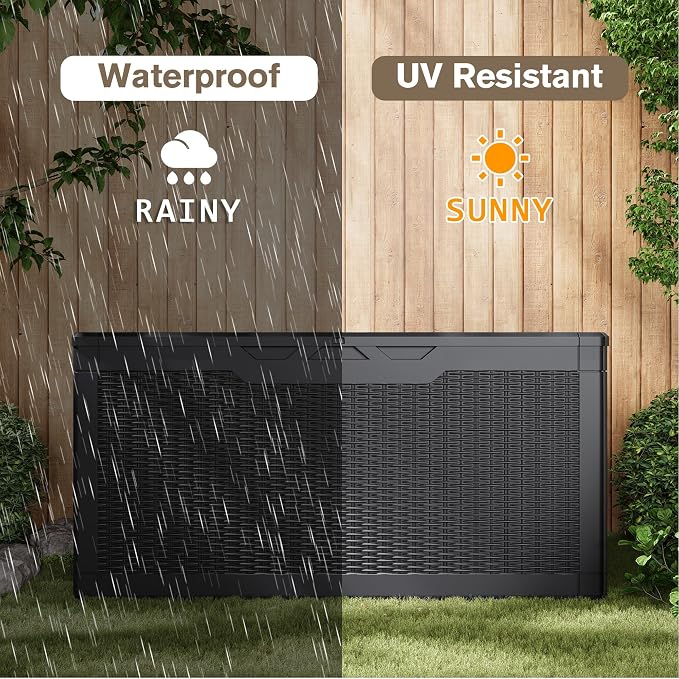 JUMMICO 100 Gallon Resin Deck Box, Waterproof Outdoor Storage Box with Lockable Lid for Garden Tools, Patio Cushions (Black)