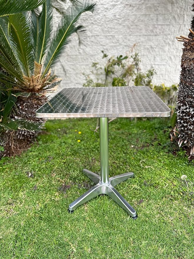 BTEXPERT Indoor Outdoor 27.5" Square Restaurant Table for Patio Stainless Steel Silver Aluminum Furniture with Base