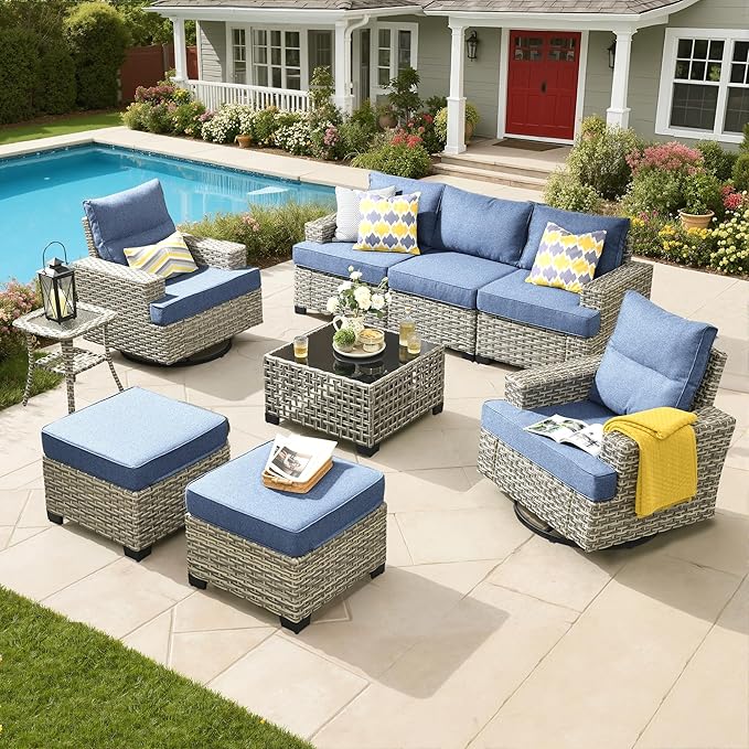 Rattan Patio Furniture Set with Swivel Chairs,9 Pieces Outdoor Sectional with Ottoman Glowing Coffee Table,Out Door Furniture Conversation Set,Denim Blue