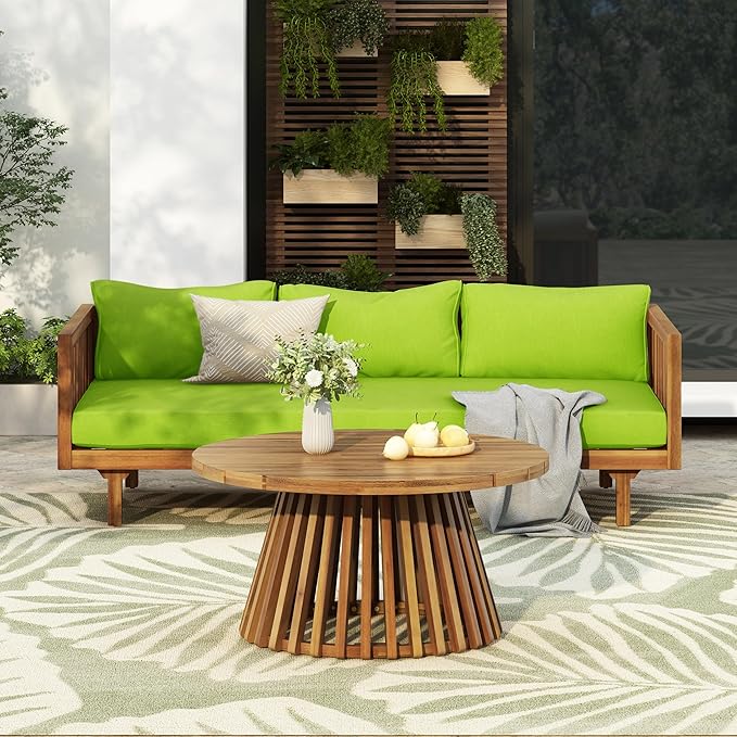 Christopher Knight Home Charm Patio Conversation Set, 3 Seater Acacia Wood Sofa, Spacious Seating Daybed, Wood Coffee Table, Round Side Table, Outdoor Furniture for Backyard Garden Gathering, Green