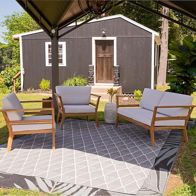 Sunnydaze 3-Piece Outdoor Patio Furniture Set - Bodie Acacia Wood Patio Conversation Set - Outdoor Seating with Cushions - Bone White
