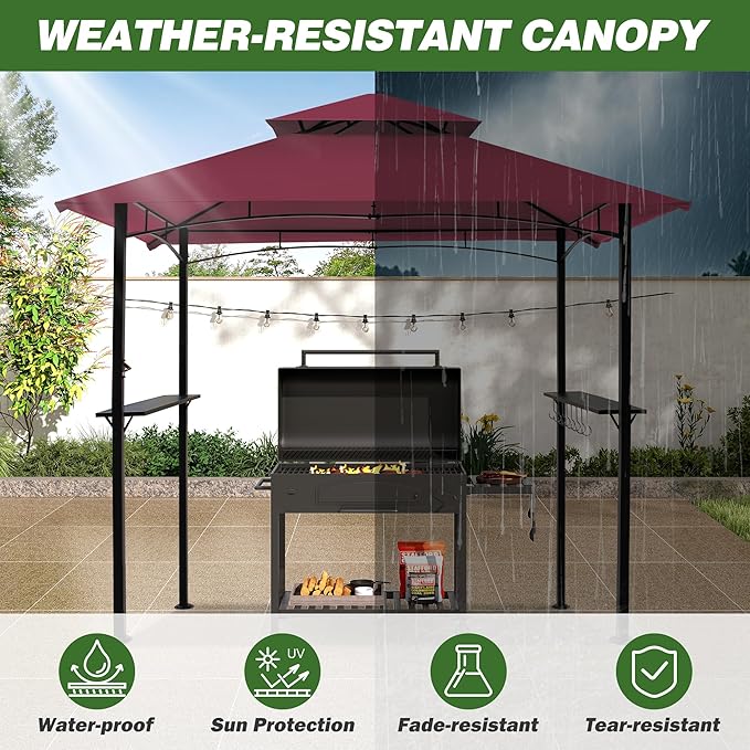GARTOO 8'x5' Outdoor Grill Gazebo - Double Roof BBQ Gazebo Canopy with 2 Side Shelves and LED Lights, Patio BBQ Pergola Shelter for Garden, Porch and Backyard (Red)