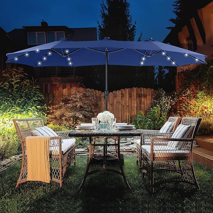 HERA'S PALACE 15ft Patio Umbrella with Base Included Double Sided Outdoor Umbrella for Patio Table Umbrella Outdoor 36 LED Solar Lights for Garden