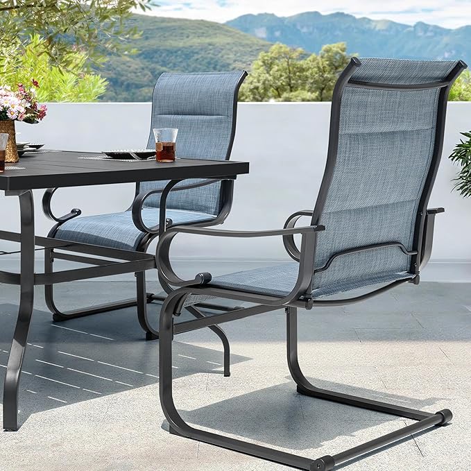 NUU GARDEN 7PCS Patio Dining Set with 1.6 Inch Umbrella Hole Powder-Coated Metal Frame Outdoor Furniture with 6 Padded Textilene C-Spring Chairs and Table for Backyard Garden Poolside Lawn Black Blue