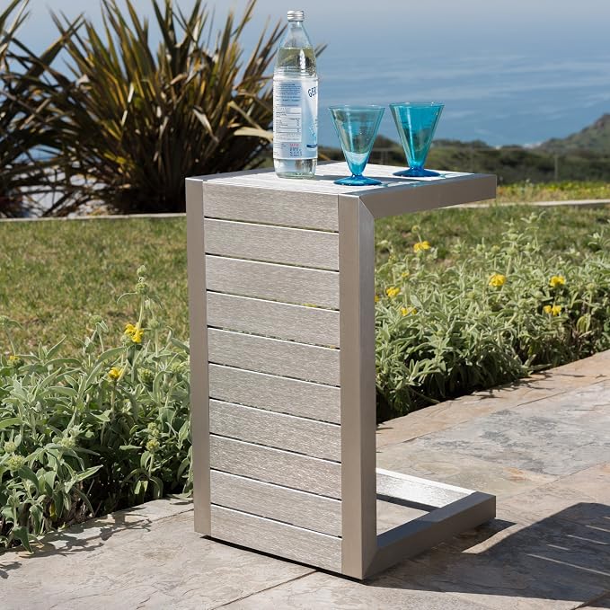 24" H Aluminium Black Patio Side Table, Small C-Shaped Outdoor Sofa Table,Coffee Table for Patio, Garden,Balcon,Silver
