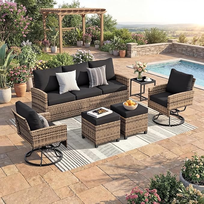 6 Piece Outdoor Furniture Set, Rattan Patio Furniture with 2 Swivel Chairs, 3-Seat Sofa, 2 Ottoman & Side Table, All-Weather Conversation Set for Porch Garden Lawn Balcony (Brown & Black)