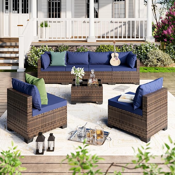 7 Pieces Patio Furniture Set - Outdoor Sectional Wicker Rattan Furniture with Cushion and Glass Table Patio Conversation Sets for Porch Poolside Backyard Outdoor Sofa Set Modular Sofa