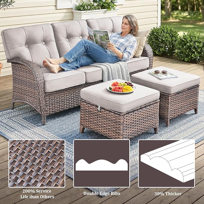 7 PCS Patio Furniture Set Outdoor Sectional Sofa Couch with Rocking Swivel Chairs 5" Deep Seat Chairs, Modern Wicker Rattan Conversation Set, Beige/Brown Wicker