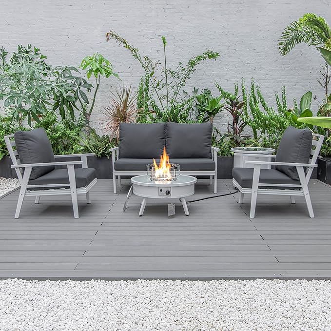 LeisureMod Walbrooke Modern Aluminum 5-Piece Patio Conversation Set with Outdoor Round Firepit Table & Side Table Tank Holder (Charcoal)