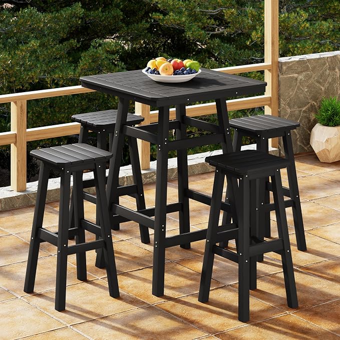Costaelm Outdoor Bar Table, 42" Counter Height Square Patio Cocktail Bar Table with Umbrella Hole, Patio Bistro Dining Pub Table for Front Porch Deck Backyard Garden, Black