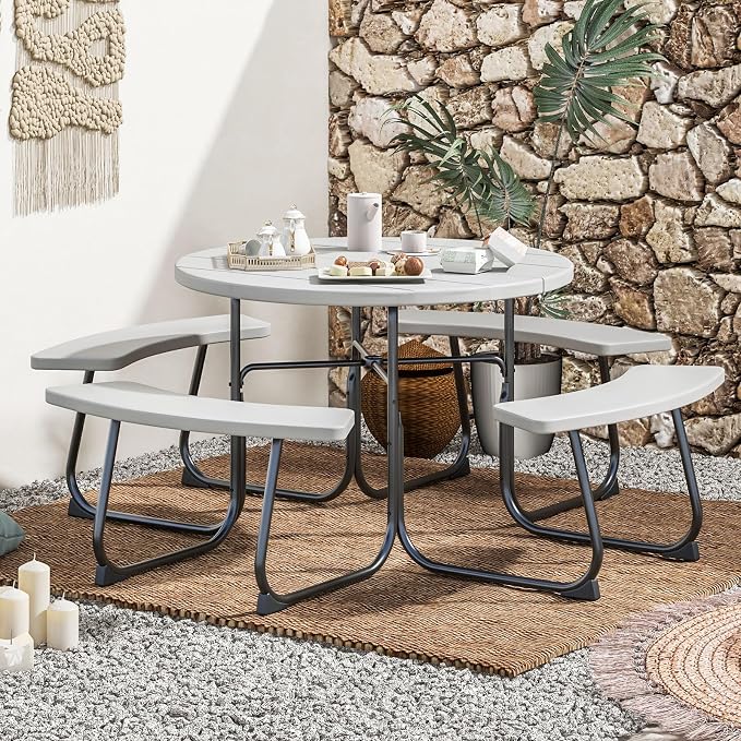 Moccha Picnic Table Bench Set - Outdoor Table and Chairs with Umbrella Hole, HDPE Tabletop & Metal Frame, Dining Table Set, Outdoor Camping Table for Garden Backyard Porch Patio Table Set (Grey)