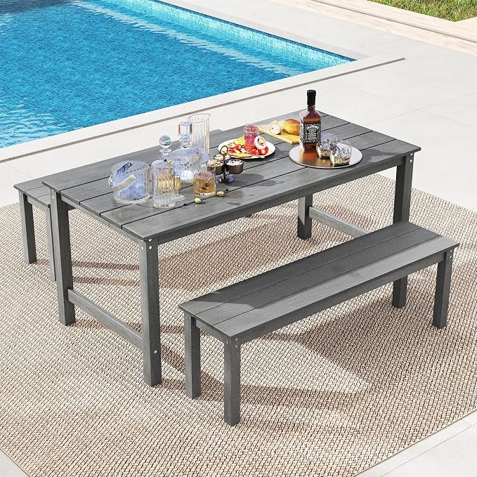 Tangkula HDPE Outdoor Dining Table for 6 Person, 67” Patio Table with Wood-Like Tabletop and Umbrella Hole, Weather-Resistant Rectangle Table for Garden, Backyard and Poolside (Gray, 1 Table)