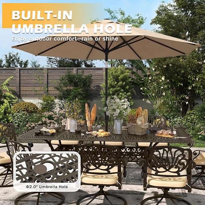 9-Piece Outdoor Dining Set, Retro Bronze Cast Aluminum Patio Furniture Include 86.6" Rectangle Table and 8 Fixed Chairs with Cushion and Umbrella Hole for Patio Deck Garden