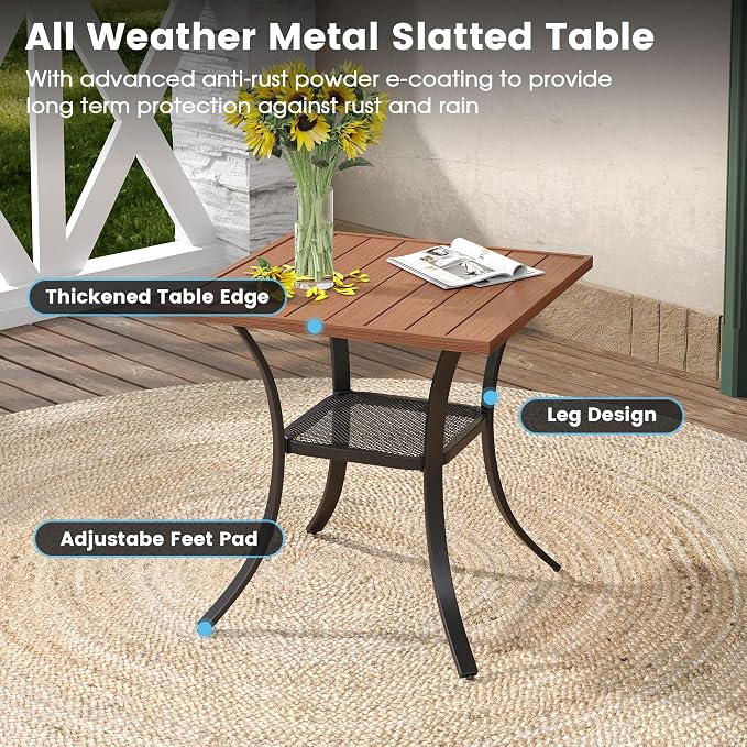 DIFY 3 Pieces Outdoor Patio Dining Set for 2, 27.6" Walnut Small Square Metal Dining Table and 2 Brown Swivel Patio Dining Chairs, Outdoor Table and Chairs for Backyard Porch Poolside