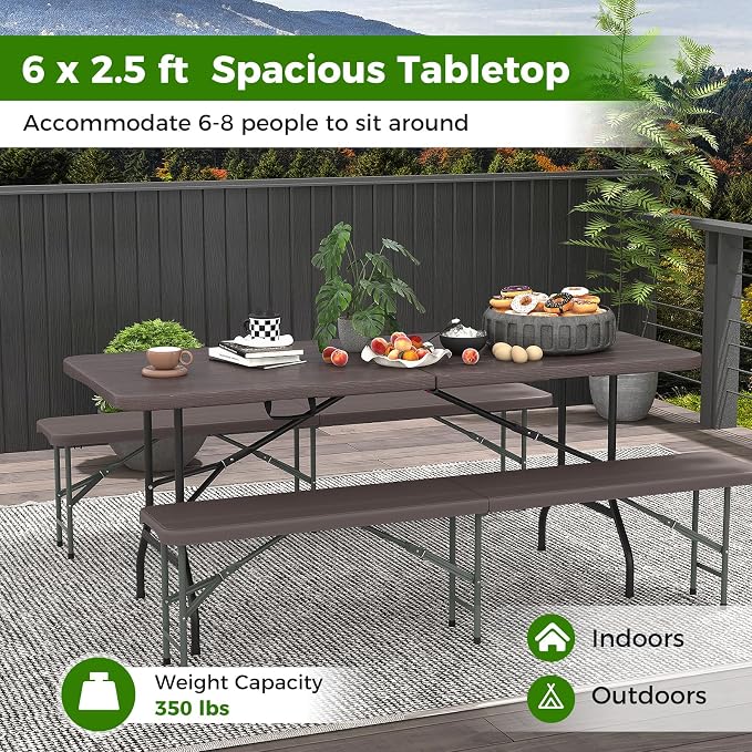 Giantex 6ft HDPE Folding Table, Outdoor Indoor Foldable Table with Metal Legs, Fold-in-Half Portable with Handle for Picnic, Camping, Banquet, Party Event (Brown)