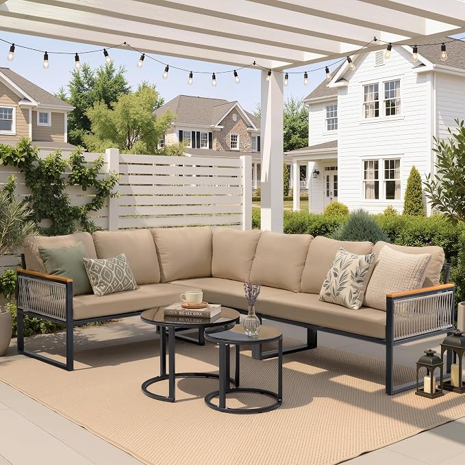 7-Piece L-Shaped Patio Conversation Sets, Hand-Woven Wicker Outdoor Sectional Sofa with Glass Nesting Coffee Table, Weather-Resistant Frame, Removable Cushion for Deck, Porch, Backyard (Beige)
