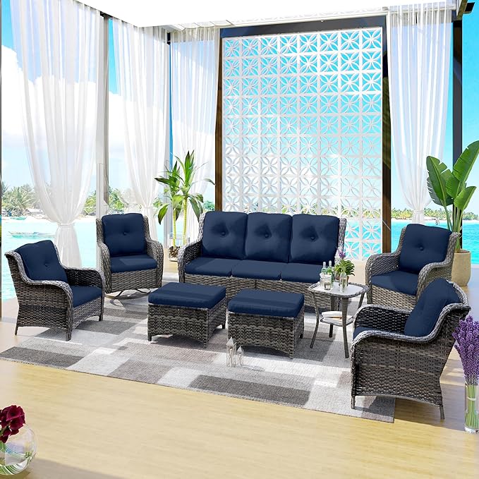 Wicker Patio Furniture Sets 8 Piece Set with 3-Seat Sofa, 2 Swivel Rocking Armchairs, 2 Armchairs, 2 Ottoman and 1 Side Table Wicker Outdoor Furniture Sectional Conversation Set, Blue