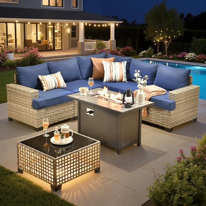Outdoor Sectional Patio Furniture Set with Fire Pit,7 Pieces Rattan Conversation Sets,Out Door L Shaped Furniture with Glowing Coffee Table,Navy Blue