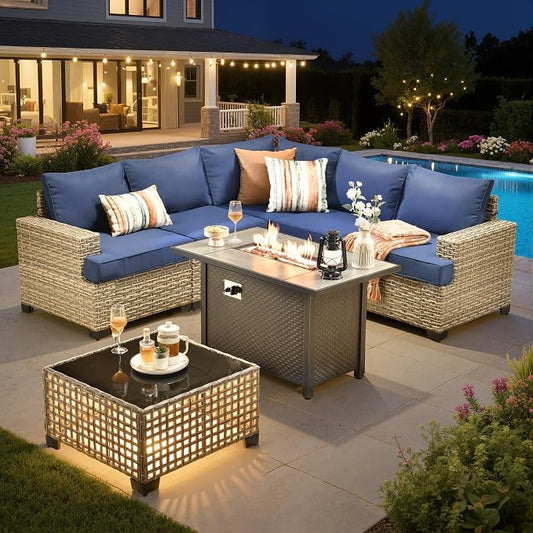 Outdoor Sectional Patio Furniture Set with Fire Pit,7 Pieces Rattan Conversation Sets,Out Door L Shaped Furniture with Glowing Coffee Table,Navy Blue
