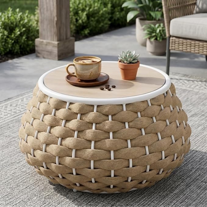 28 inch Outdoor Side Table, Large Patio End Table with Removable Lid Round Accent Side Tables with Metal Frame and Hollow Out Bottom for Patio, Balcony Porch, Poolside, Garden, Yard (Brown)