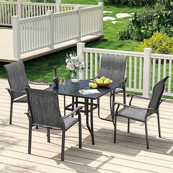 UDPATIO 5 Piece Patio Outdoor Table and Chairs for 4, 37" Black Square Table with Umbrella Hole, Metal Gray Patio Chairs Set of 4, Patio Table with Chairs, Outdoor Patio Dining Set for Lawn, Backyard