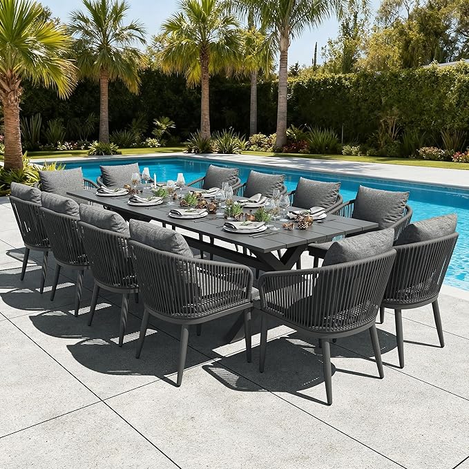 LayinSun 13 Pieces Outdoor Patio Dining Set, Aluminium Rectangular Dining Table and Wicker Rattan Chairs Set for Outside Backyard, Poolside