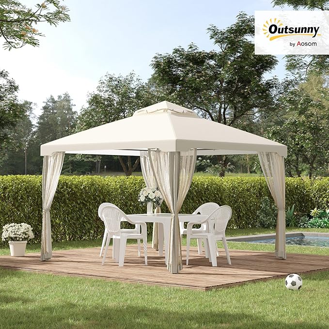 Outsunny 9.6' x 9.6' Patio Gazebo, Outdoor Canopy Shelter with 2-Tier Roof and Netting, Steel Frame for Garden, Lawn, Backyard, and Deck, Cream White