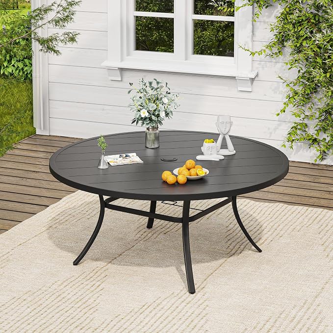 VICLLAX Outdoor Table and Chairs Set for 8, Patio Dining Set of 60" Metal Round Patio Table with Umbrella Hole & 8 Swivel Outdoor Dining Chairs for Backyard Lawn, Charcoal & Black