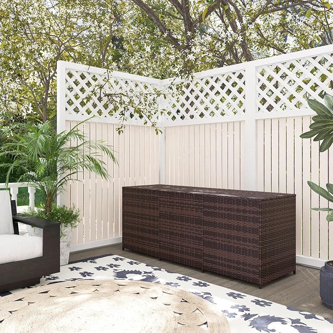 175 Gallon Outdoor Storage Box with Inner Liner, PE Rattan Wicker Deck Box with Bar Lift for Indoor Outdoor, Patio Furniture Cushions, Pool Toys, Garden Tools, Mixed Brown