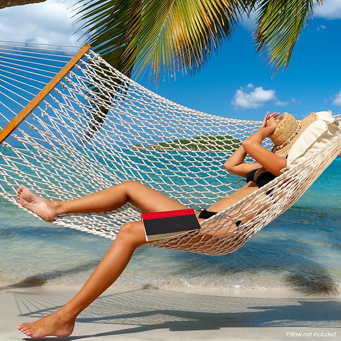 12ft Double Hammocks for Outside, Handwoven Traditional Cotton Rope Hammock with Hardwood Spreader Bar, Chains and Hooks for Indoor Outdoor, Max 450 lbs Capacity(Natural Beige, Medium)