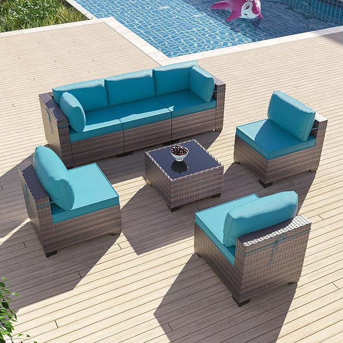 7 Pieces Outdoor Patio Furniture Sets,Wicker Conversation Set Sectional Sofa,Includes 6 All-Weather High Back PE Rattan Seating Components w/Thickened Cushions&Coffee Table,Green Blue