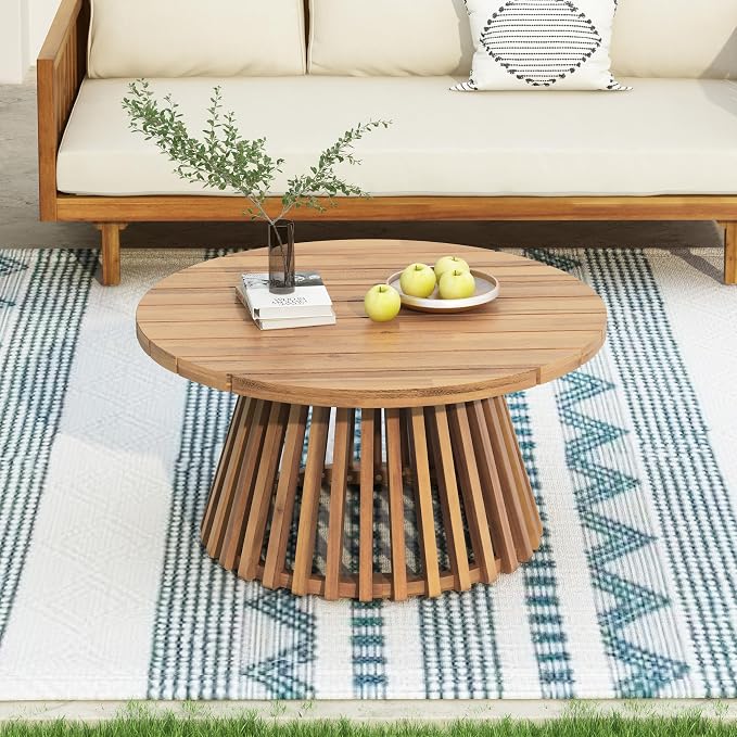 Christopher Knight Home Hakee Acacia Wood Patio Coffee Table, Round Coffee Table with Unique Wooden Base, Stylish Indoor/Outdoor Table, Easy Assembly, 31.5" x 31.5" x 16", Light Teak