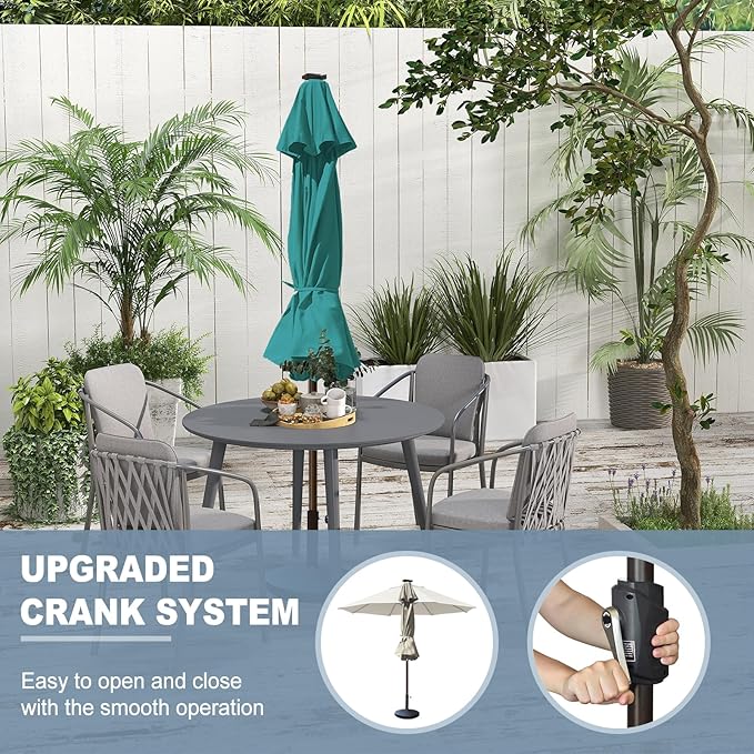 EliteShade USA 10-Year-Non-Fading 10ft Market Patio Umbrella, Commercial Grade Table Sun Umbrella with 80 Solar LED Lights, Crank Open, Windproof & UPF 50+ UV Protection for Garden, Deck, Pool, Backyard, Teal