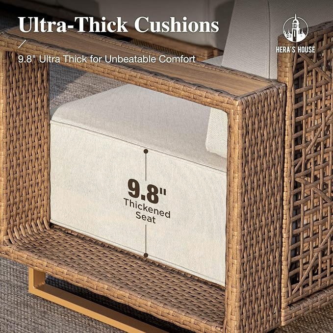 HERA'S HOUSE Patio Furniture Set, 4-Seat Outdoor Wicker Couch Conversation Sets with 10" Ultra Thick Cushion, Low Profile Yellow Rattan Furniture with 5.3" Wide Arm for Backyard Lawn Garden