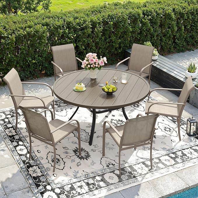 DIFY 7 Pieces Outdoor Patio Dining Set for 6, 47.2" Grey Wood-Like Round Metal Dining Table and 6 Sandshell Stackable Textilene Patio Chairs, Outdoor Table and Chairs for Backyard Garden Poolside