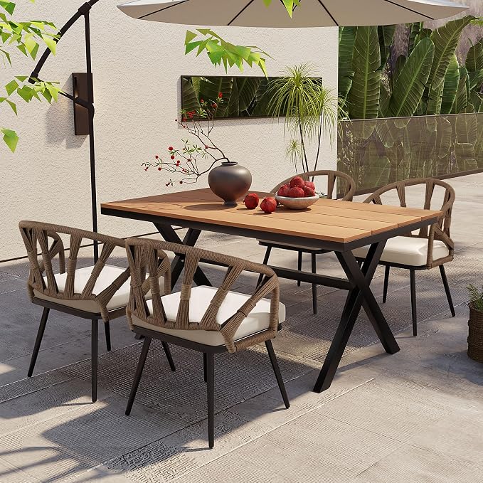 Contemporary Outdoor Set with PE Rattan Chairs and Plastic Wood Dining Table,Suitable for Gardens and Lawns (Brown@38)