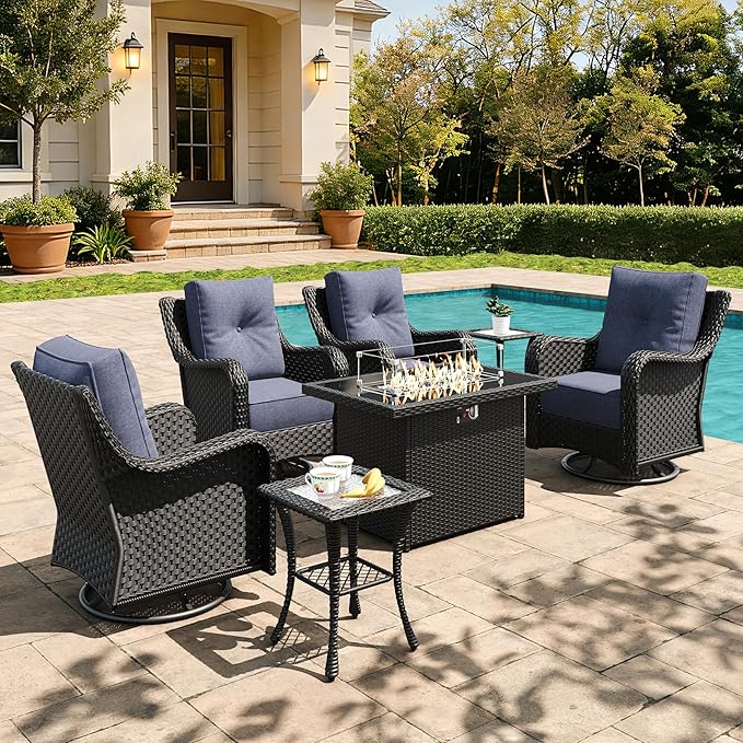 7 Pieces Outdoor Furniture Set with 6-inch Cushions, High Back Wicker Swivel Rocker Chairs with Fire Pit Table, Luxury Conversation Set for Deck Patio and Poolside