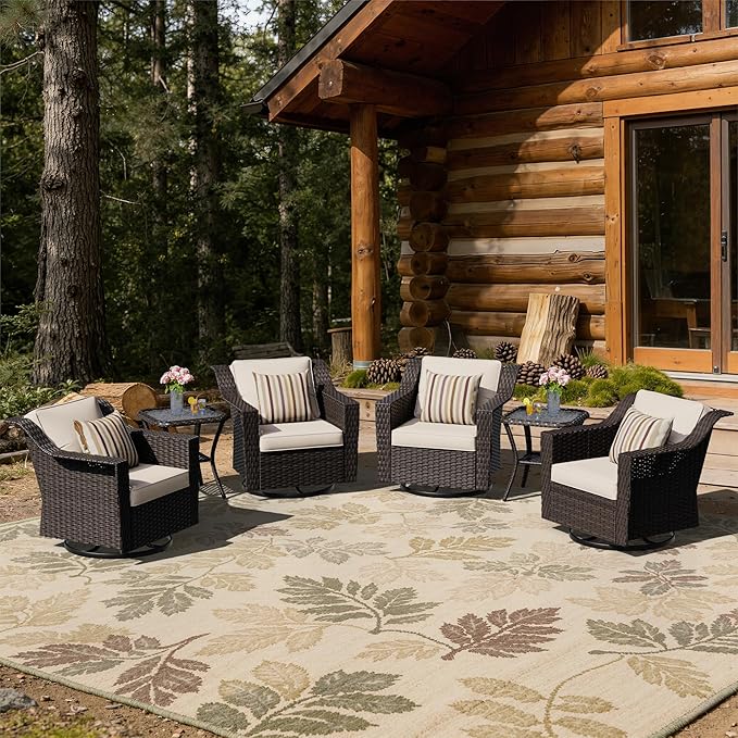 6 Pieces Patio Conversation Furniture Set - 4 Swivel Chairs, 2 Side Tables, Outdoor Wicker Furniture with Removable Cushions for Porch, Sunroom (Beige)