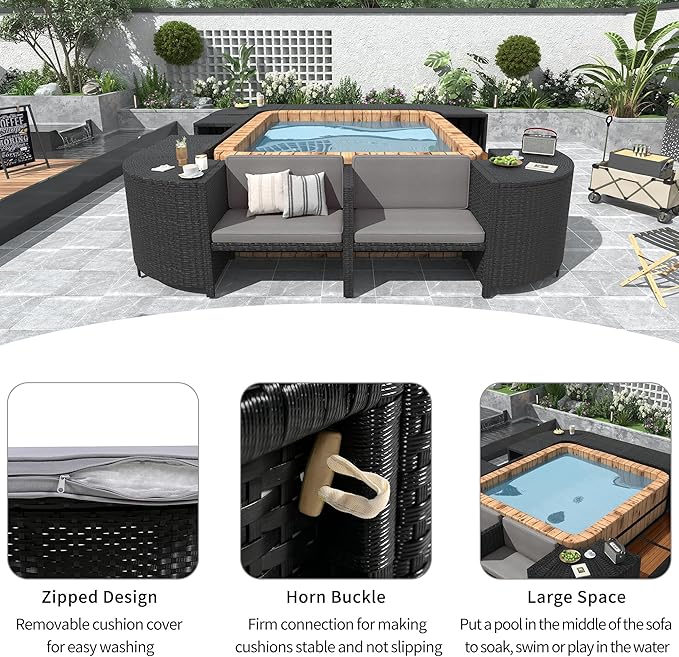 LUMISOL Spa Surround Spa Frame, Quadrilateral Outdoor Rattan Sectional Sofa Set with Sofa, Wood Seats and Storage Spaces for Free Combination, Patio Conversation Set for Poolside Garden, Gray