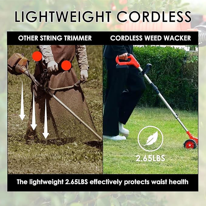 Syluris Electric Weed Wacker String Trimmer, Battery Powered Weed Eater with 4 Types of Blades and Upgraded Metal Lid, 2Pcs of Batteries & Wheels（Red）