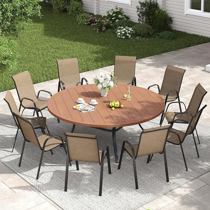 VICLLAX Outdoor Dining Set for 10, All Weather Metal 11 Pieces Patio Set-60 Round Outdoor Table and Stackable Chairs for Lawn Garden and Backyard, Walnut Wood Grain Tabletop