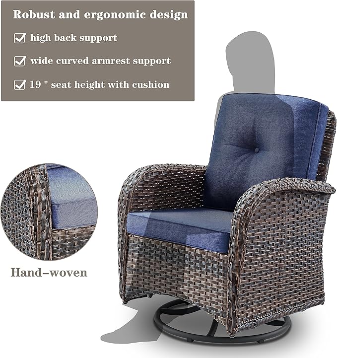 Belord Patio Furniture Swivel Glider PE Wicker Chairs, Outdoor Swivel Rocker Seating with Cushions for Porch Deck Balcony, Brown Wicker Blue Cushion