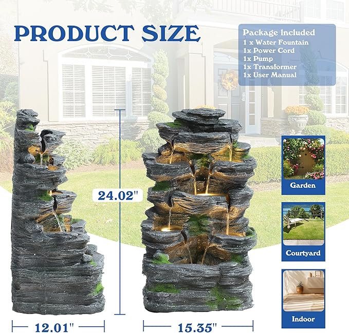 7-Tiers Garden Waterfall Fountain Outdoor - Water Fountains and Waterfalls, Outdoor/Indoor Floor Standing Resin Water Fountain with LED Light for Patio, Garden and Backyard, Deck, Porch, Home